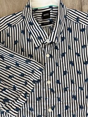 BOSS Regular Fit Cotton Linen Short Sleeve Button-Up Shirt Blue/White Stripe XL